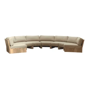 Curved sectional sofa with beige cushions and wooden base