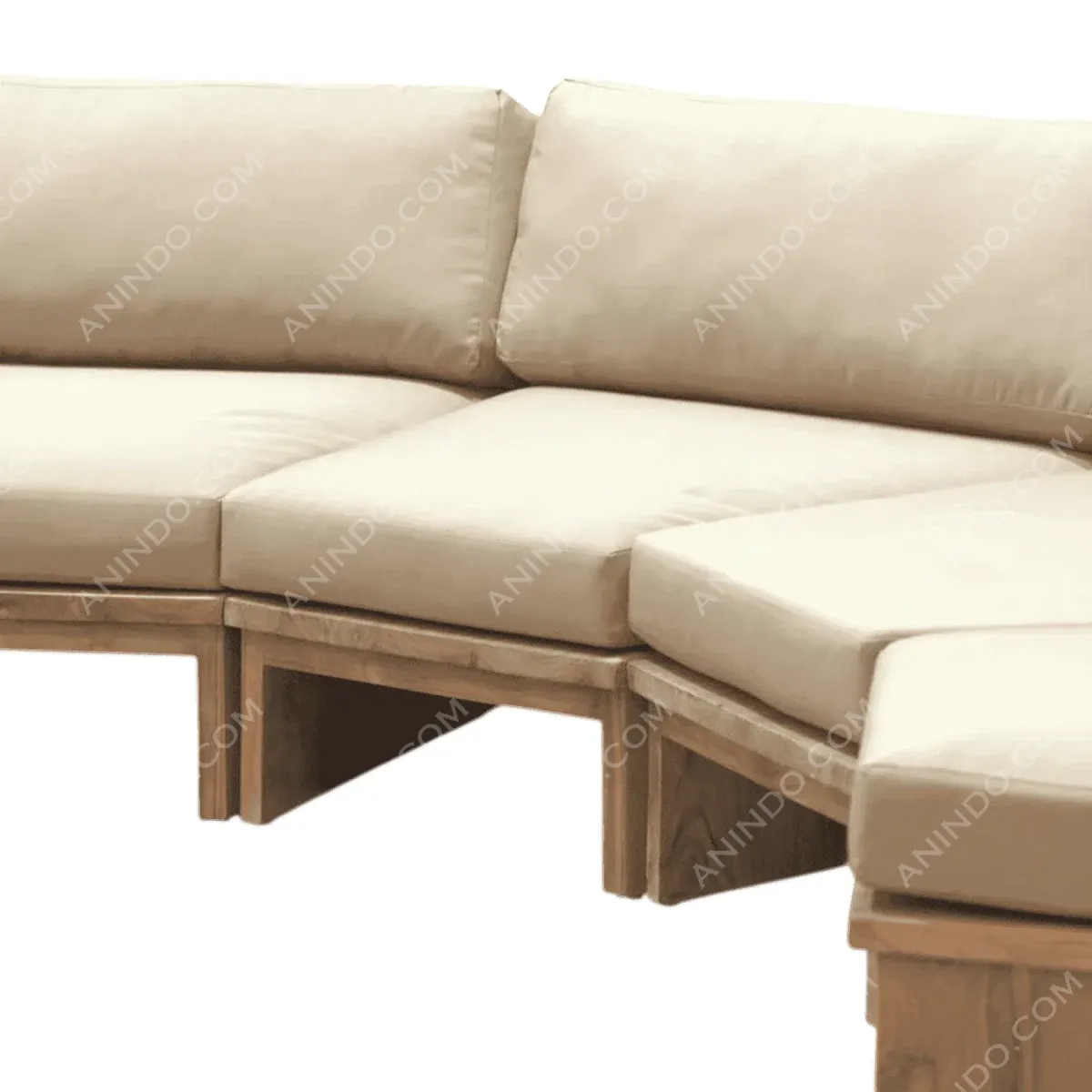 Comfortable beige sectional sofa with wooden base