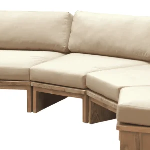 Comfortable beige sectional sofa with wooden base