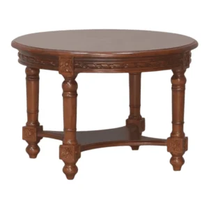 Round wooden coffee table with decorative legs