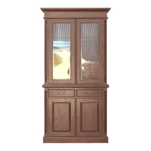 Elegant wooden cabinet with glass doors and drawers.