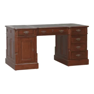 Elegant wooden desk with multiple storage drawers.