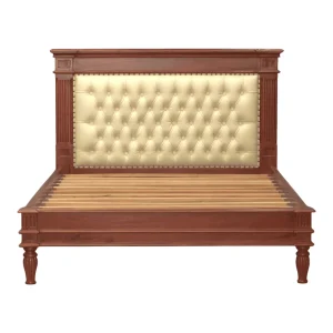 Elegant wooden bed with tufted headboard design.
