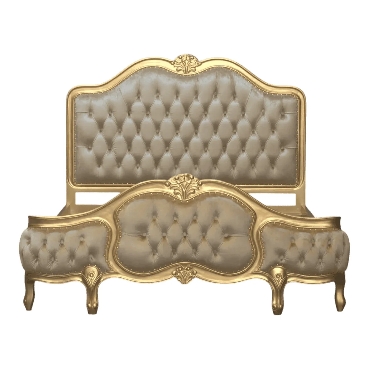 Elegant gold and beige tufted bed frame.