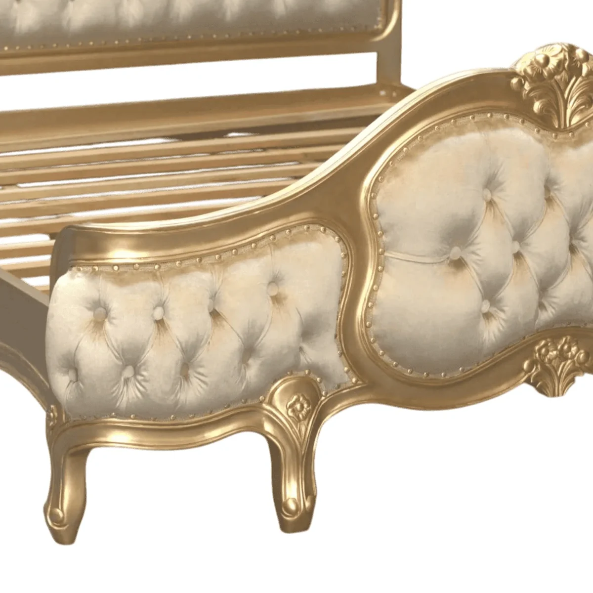 Elegant gold-framed plush upholstered bed design.