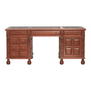 Elegant wooden desk with multiple storage drawers.