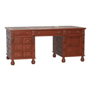 Classic wooden desk with multiple drawers.