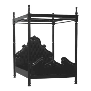 Elegant black canopy bed with ornate detailing.
