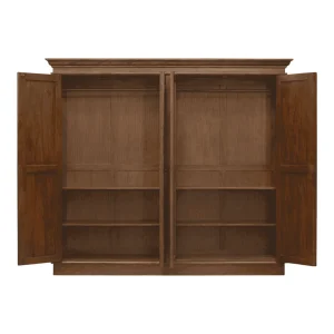Open wooden cabinet with multiple shelves.