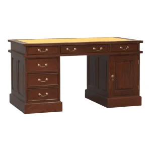 Elegant wooden desk with multiple storage drawers.