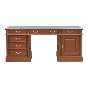 Elegant wooden desk with multiple drawers and blue top.