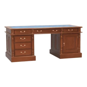 Wooden desk with multiple drawers and blue top.