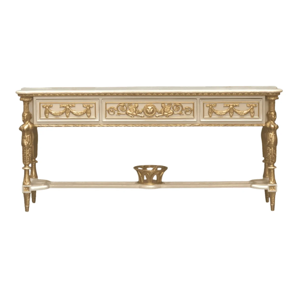 Ornate golden table with decorative carvings.