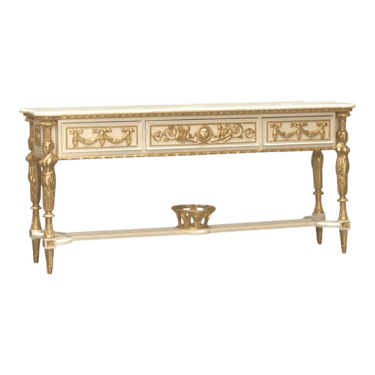 Elegant gold-accented console table with decorative carvings.