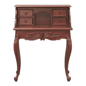 Elegant wooden desk with drawers and floral design.