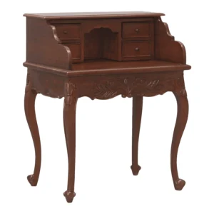 Vintage wooden desk with decorative detailing.