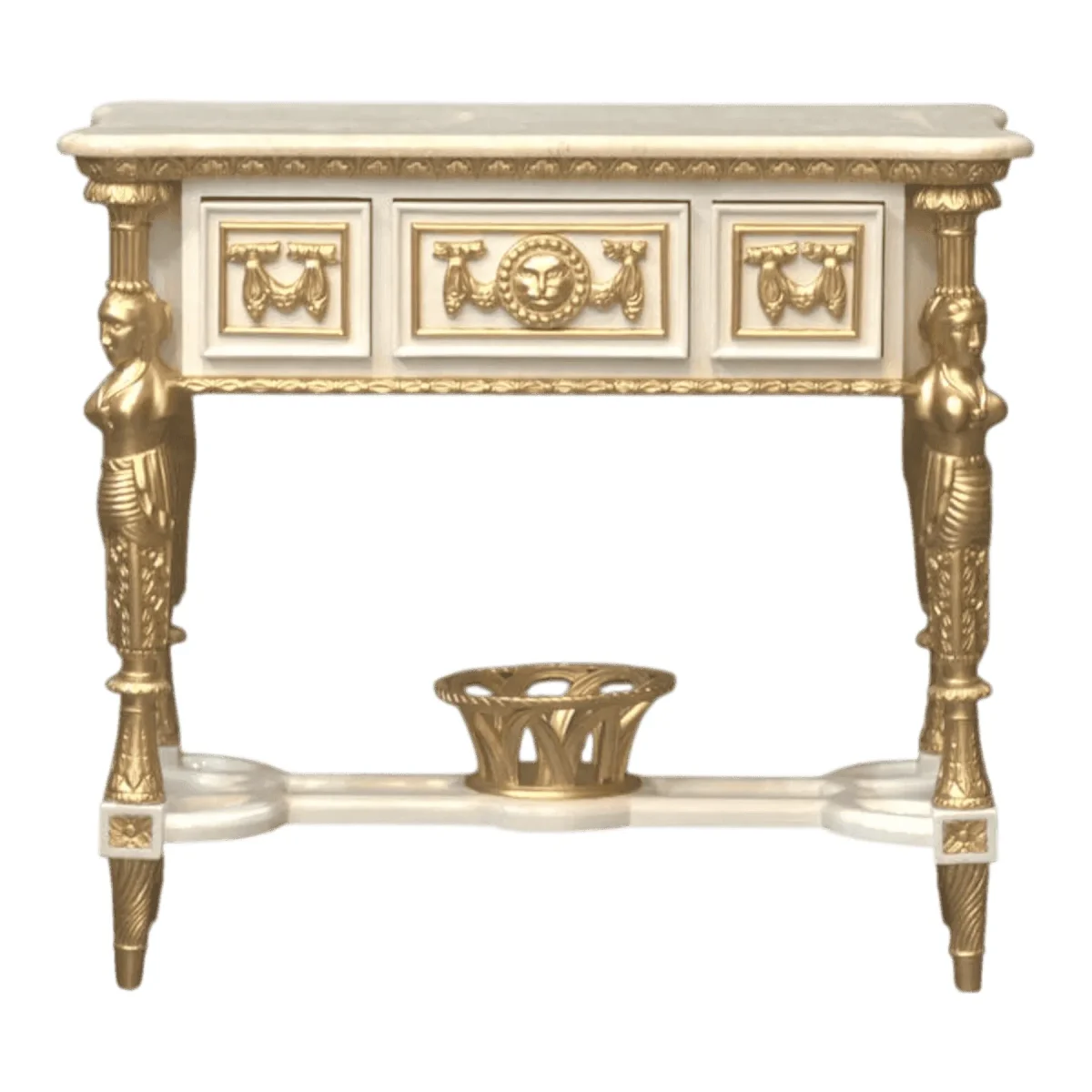 Elegant gold and white decorative console table.