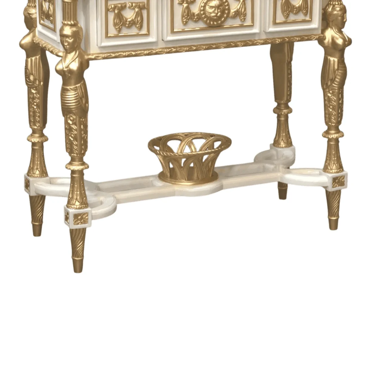 Elegant golden and white decorative furniture piece.