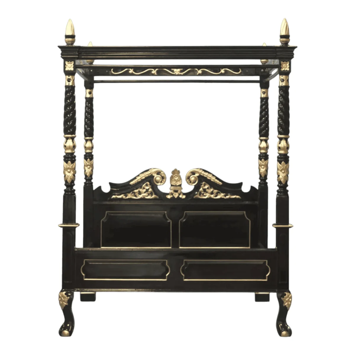 Elegant black and gold ornate bed frame.