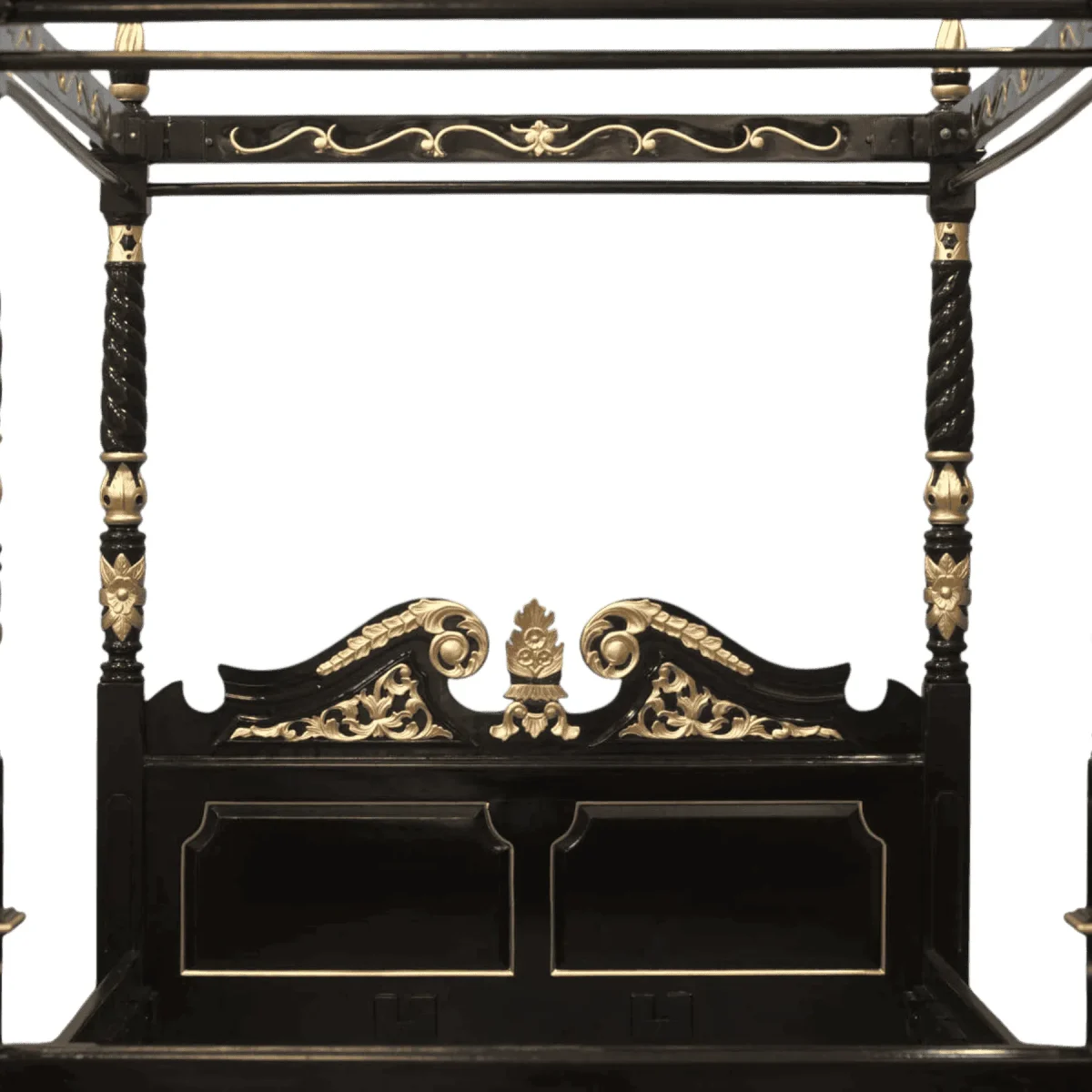 Elegant black and gold decorative bed frame.