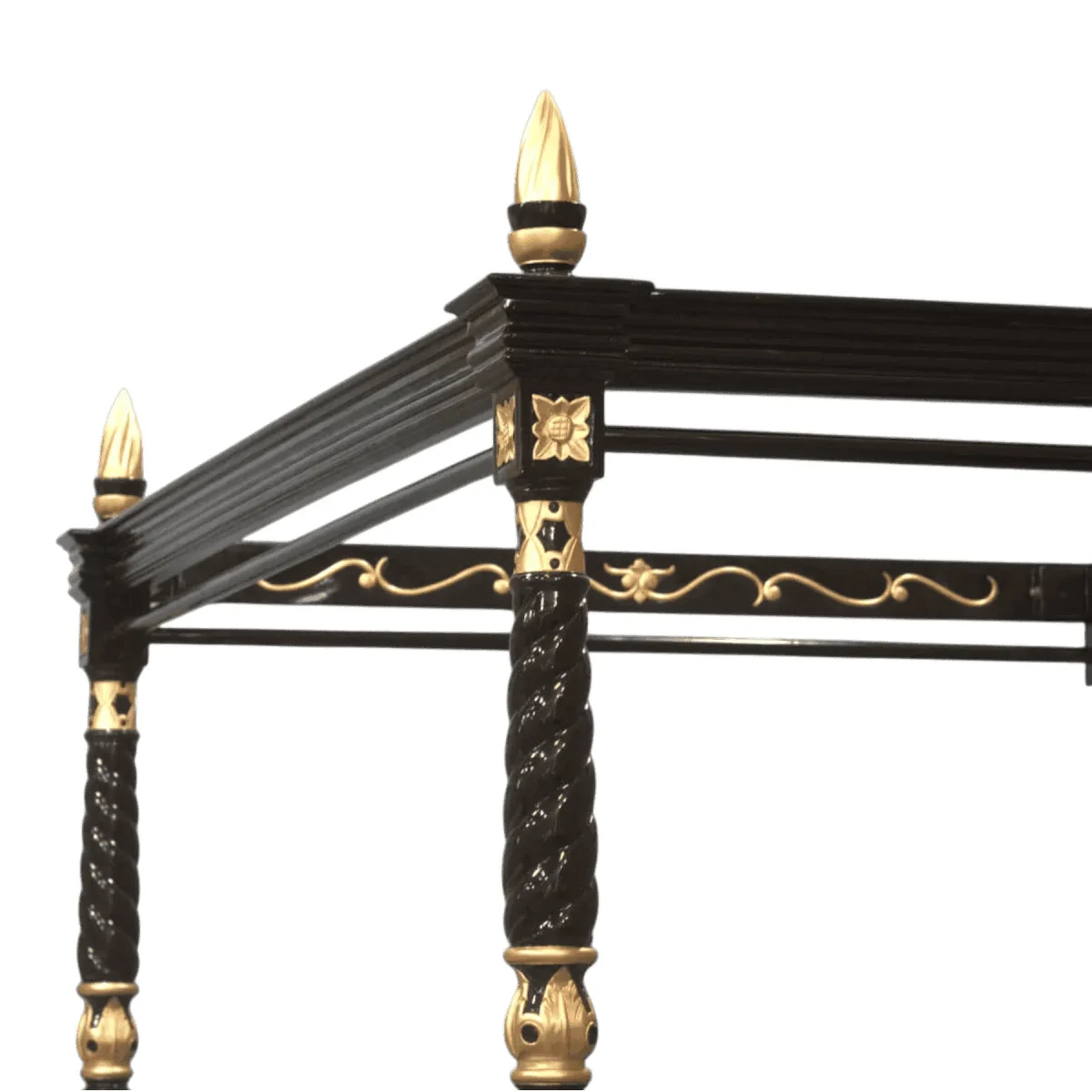 Ornate black and gold canopy bed frame