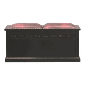 Elegant black upholstered bench with tufted seating.