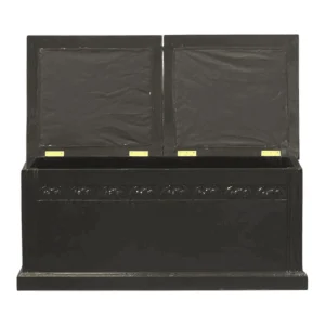 Open black wooden storage chest with decorative carvings.
