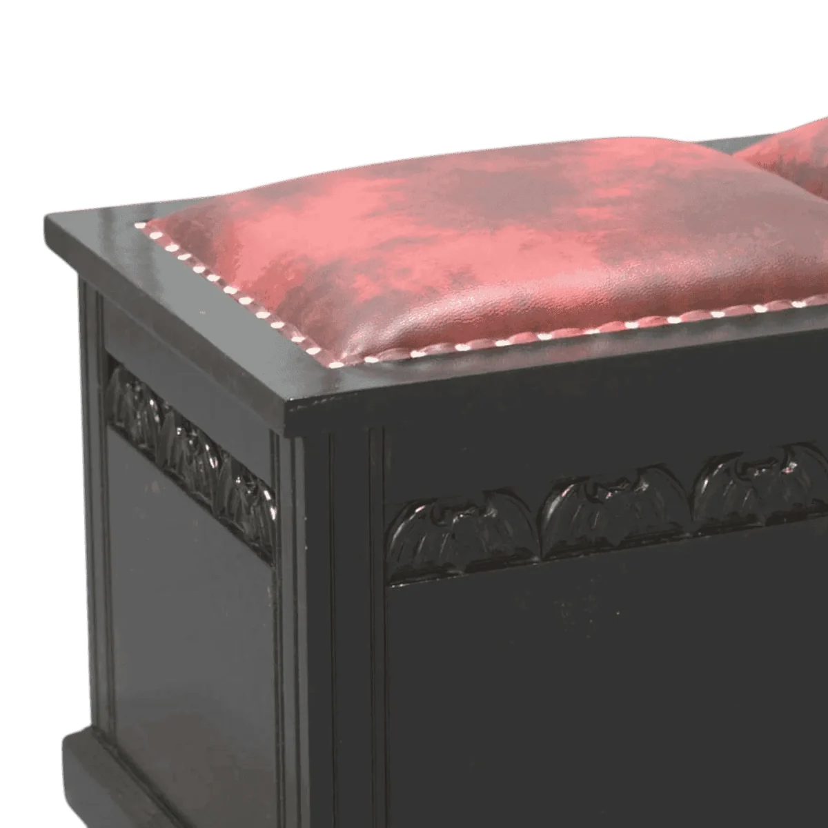 Black storage bench with red cushioned top