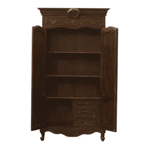 Antique wooden cabinet with shelves and drawers