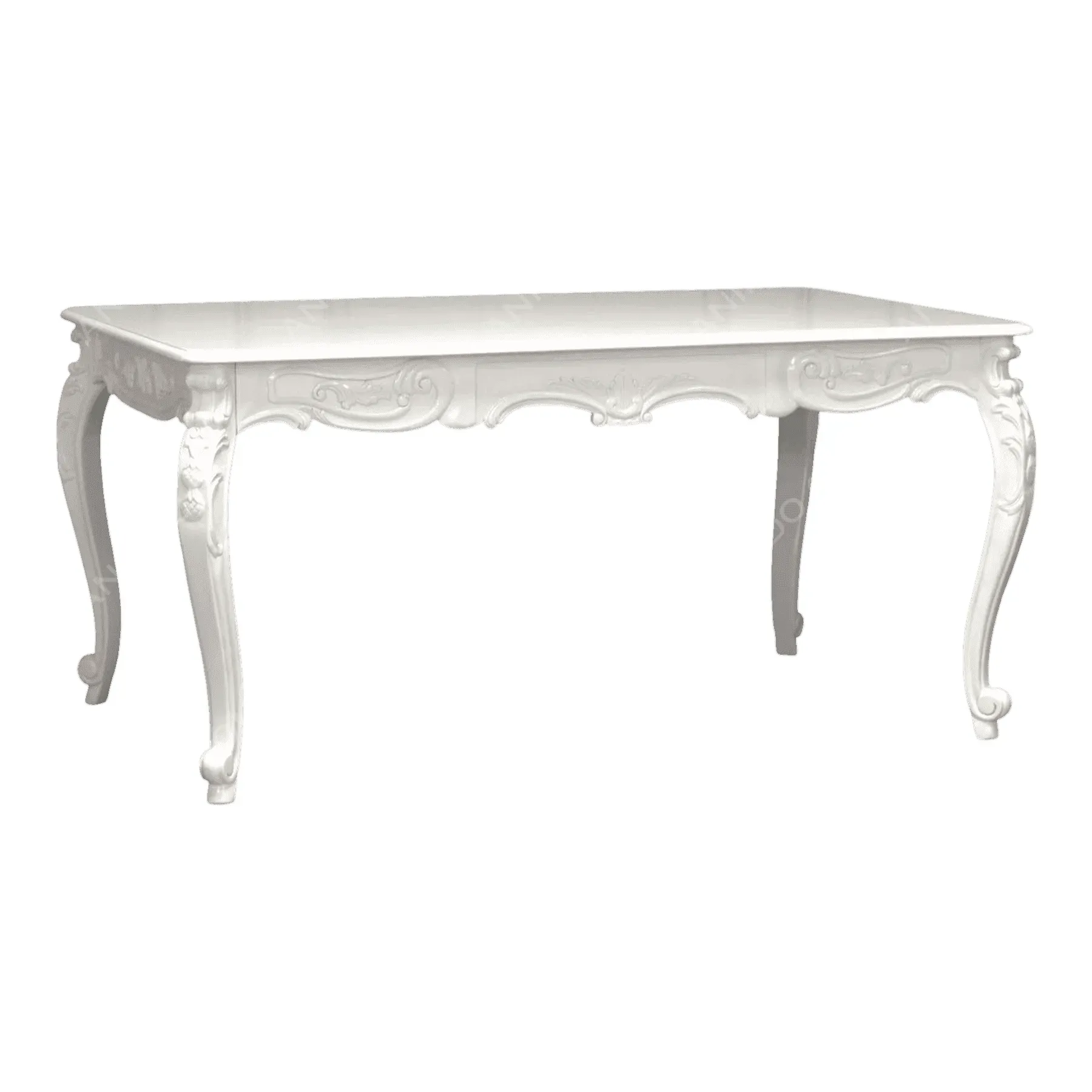 White ornate wooden dining table with curved legs