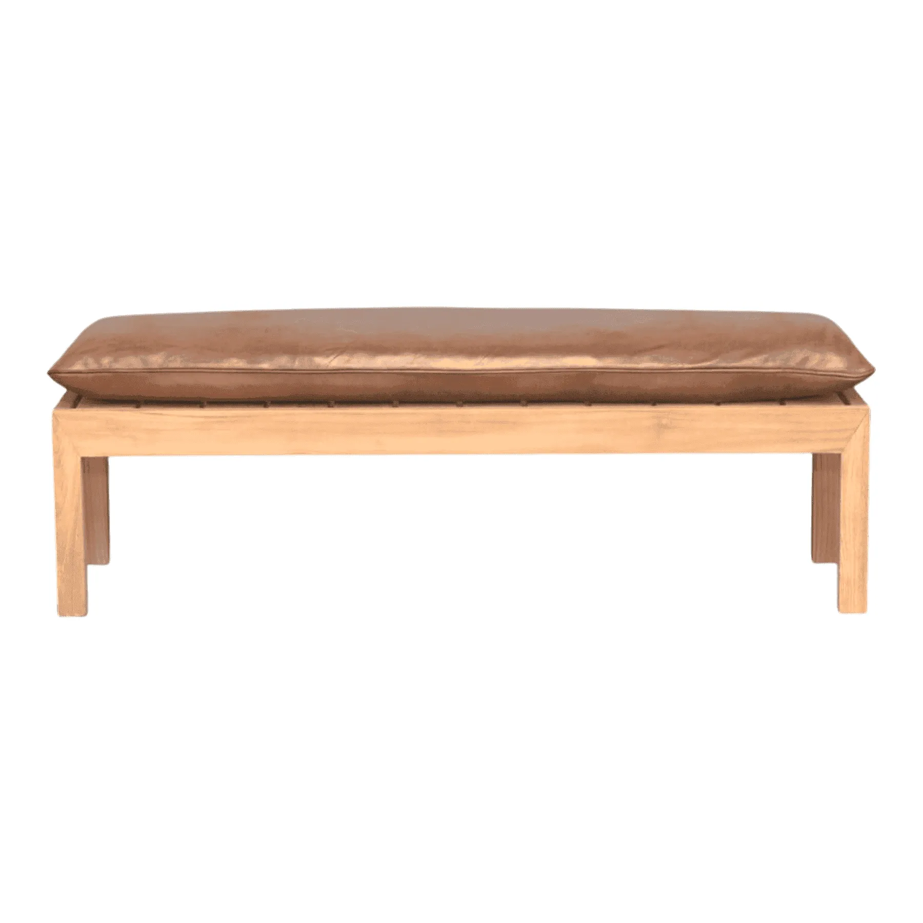 Wooden bench with brown leather cushion