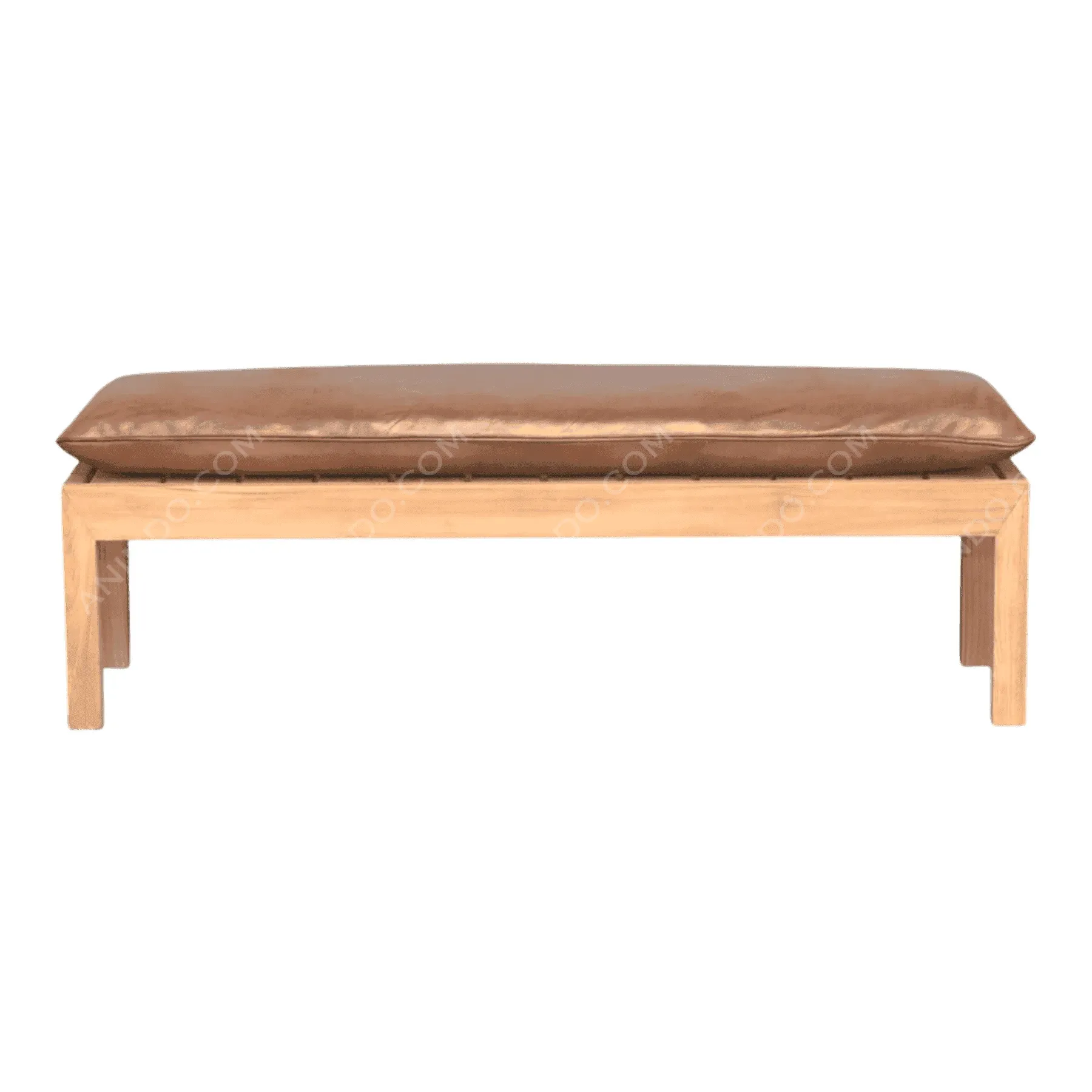 Wooden bench with brown leather cushion