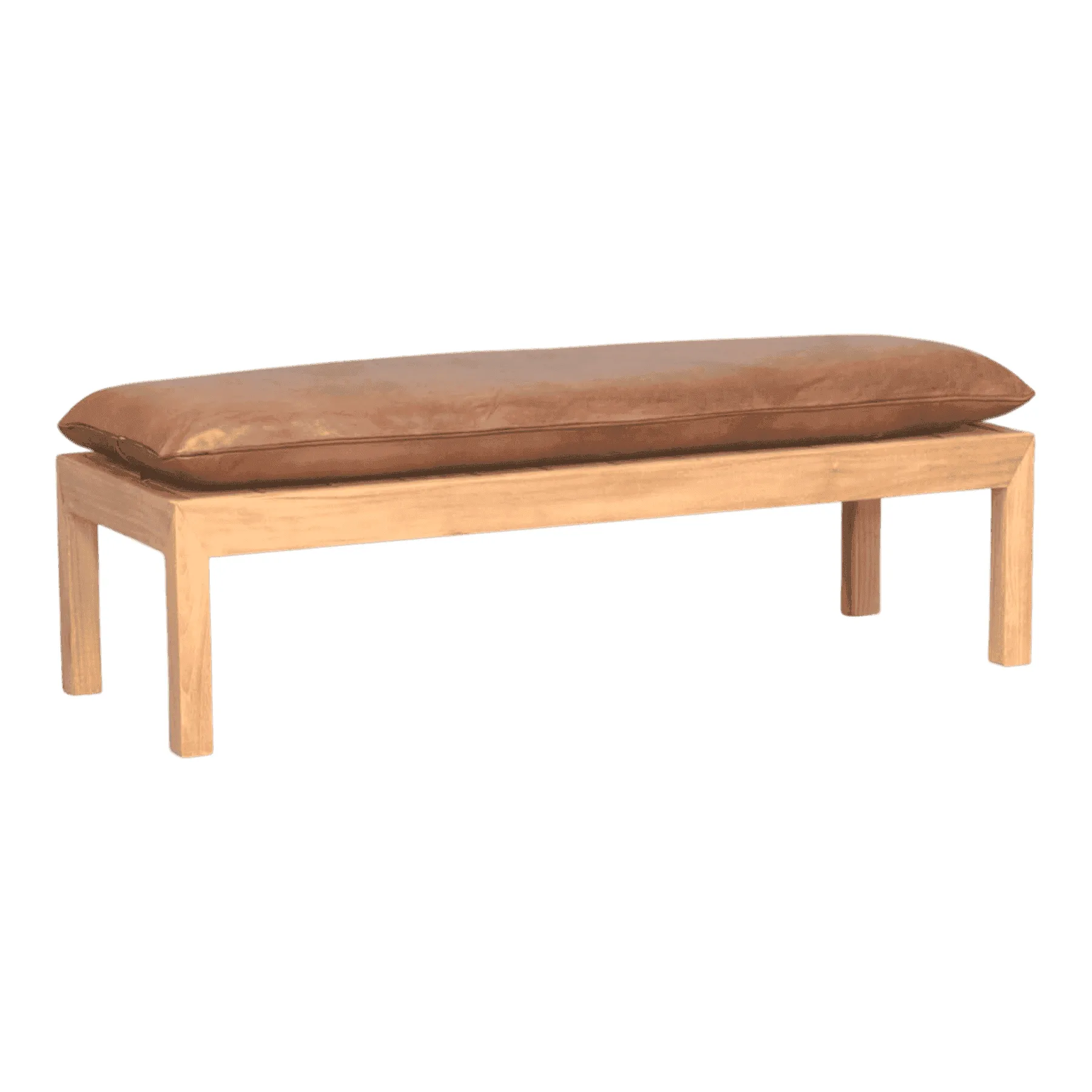 Wooden bench with brown leather cushion