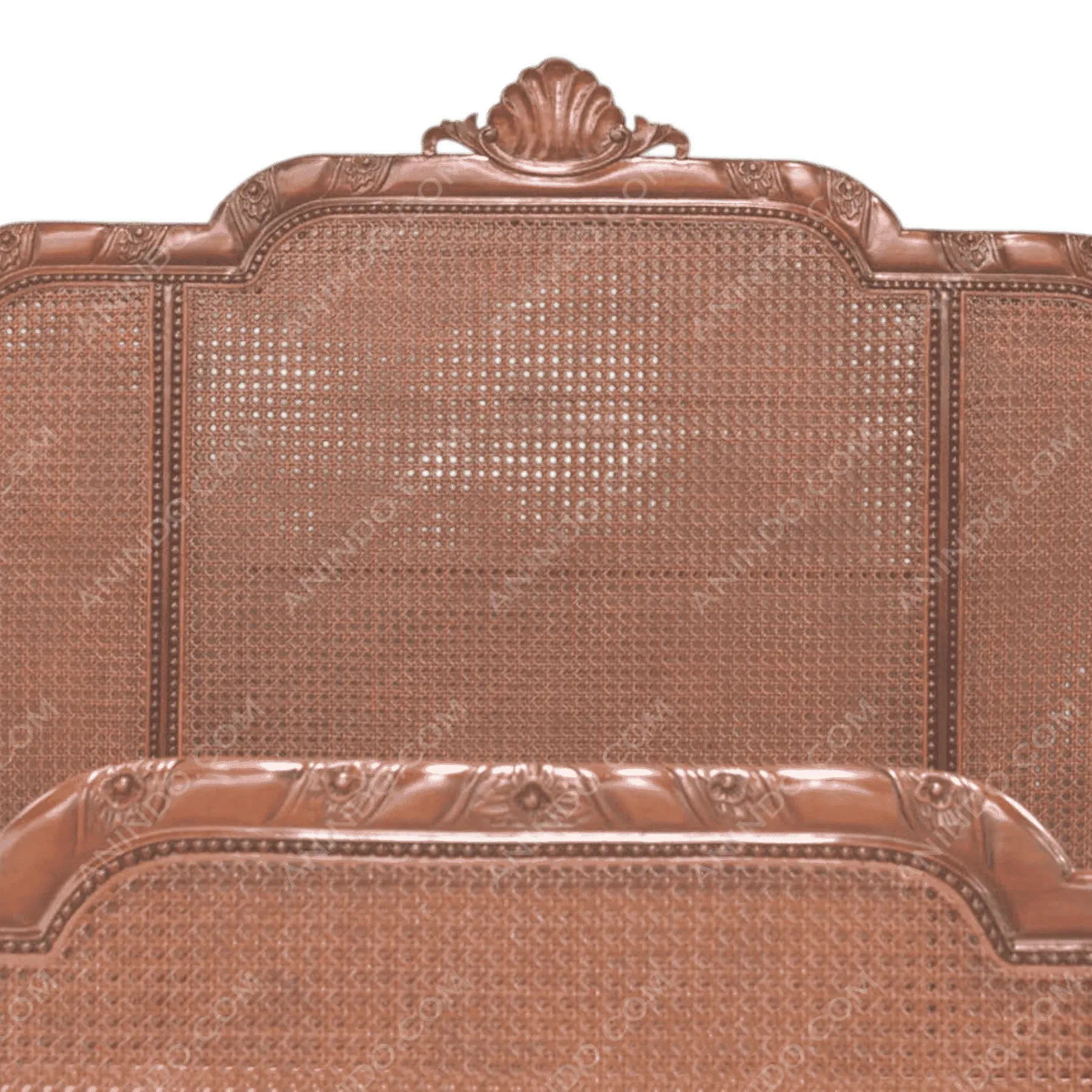 Ornate wooden headboard with woven rattan design