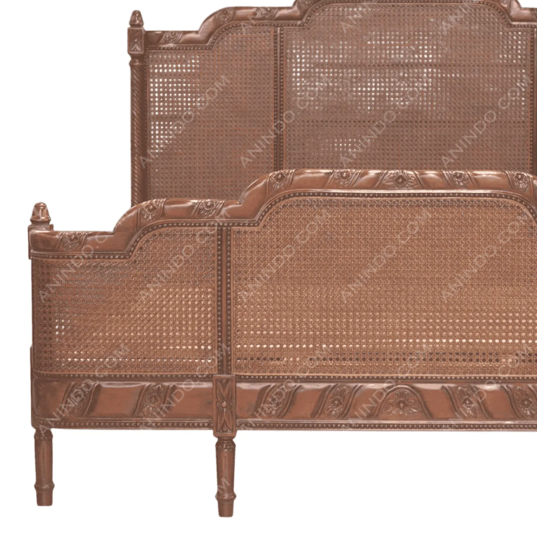 Vintage wooden bed frame with woven cane design