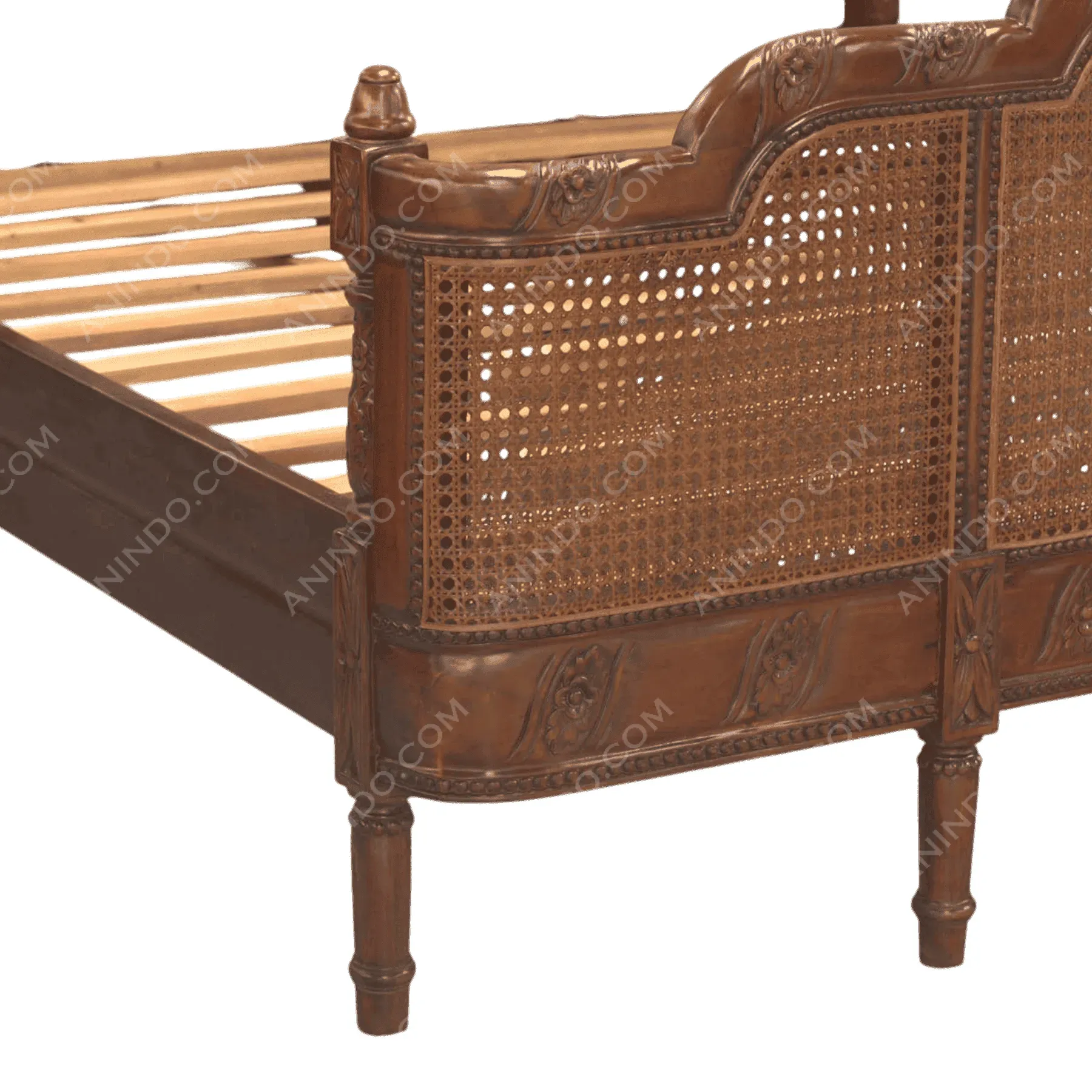 Vintage wooden bed frame with woven cane headboard