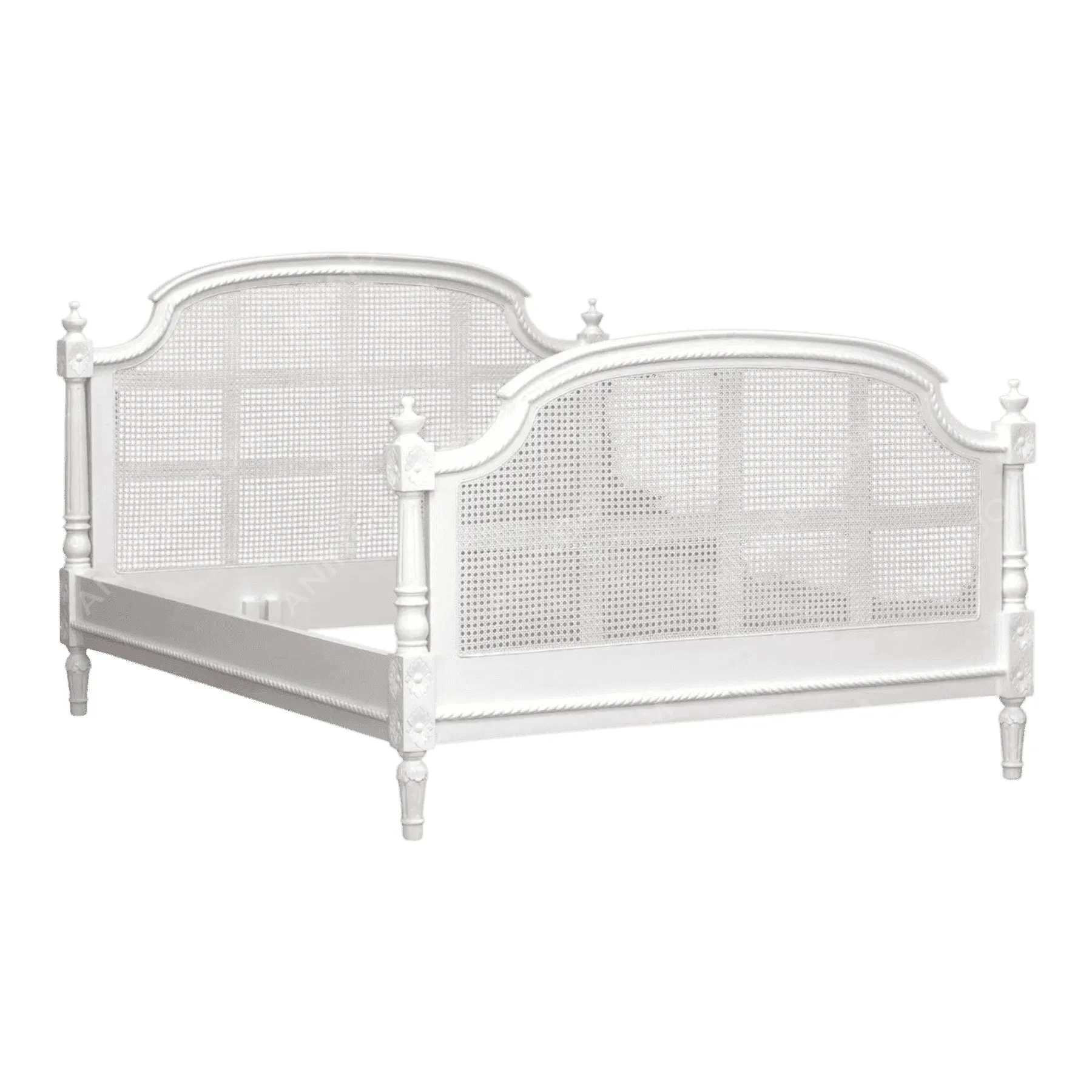 White wooden bed frame with cane headboard