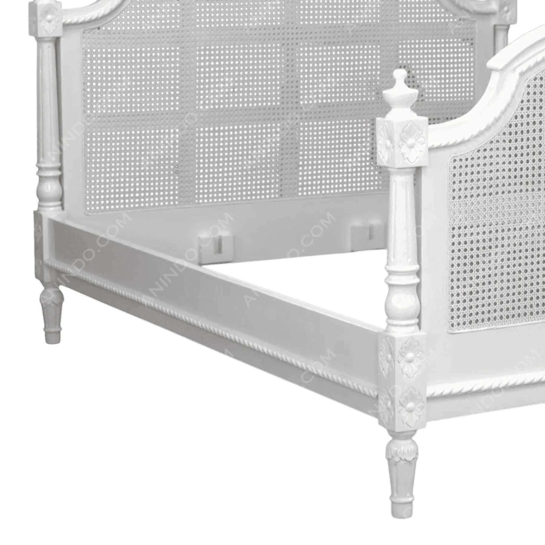 White wooden bed frame with cane panels