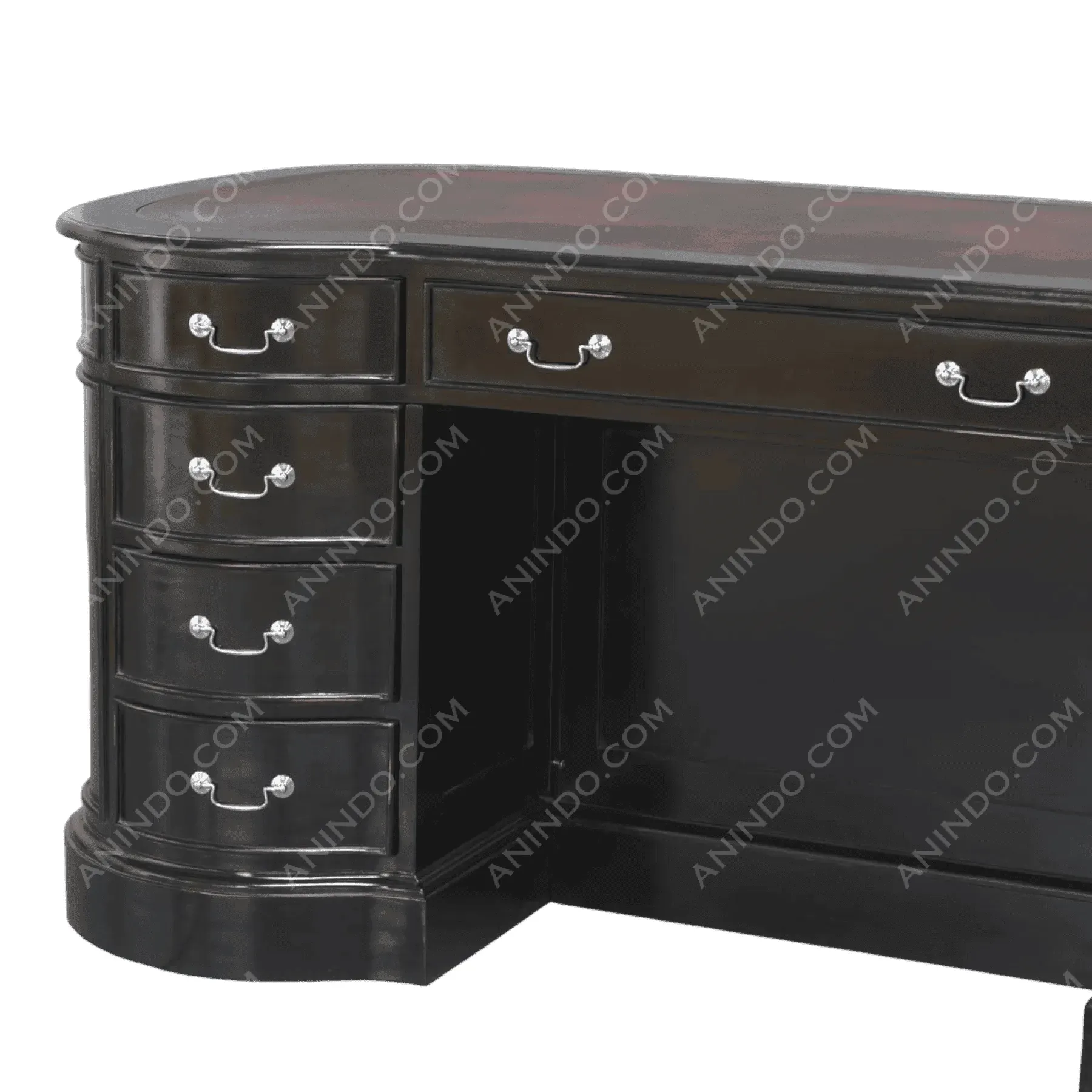 Black wooden desk with drawers and silver handles