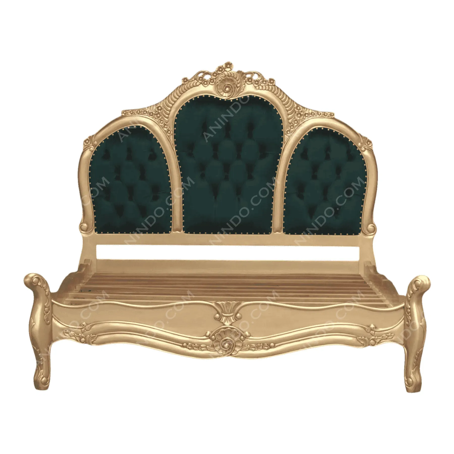 Luxurious gold and velvet upholstered bed frame