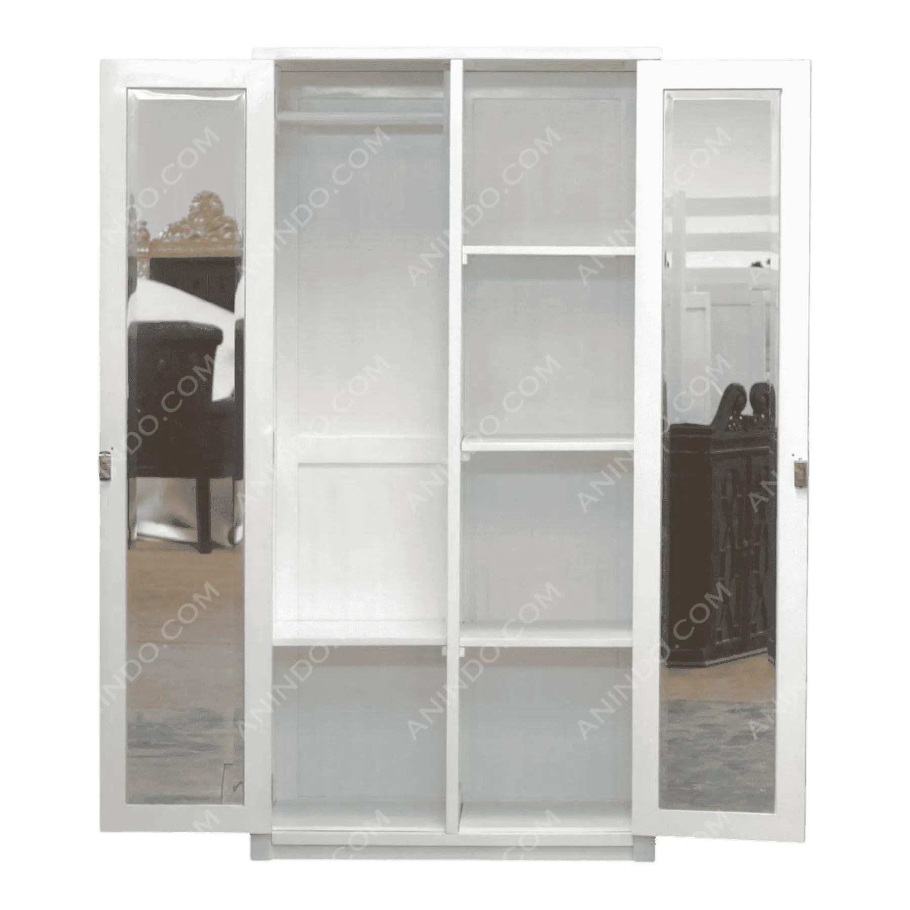 White wardrobe with mirrored doors and shelves