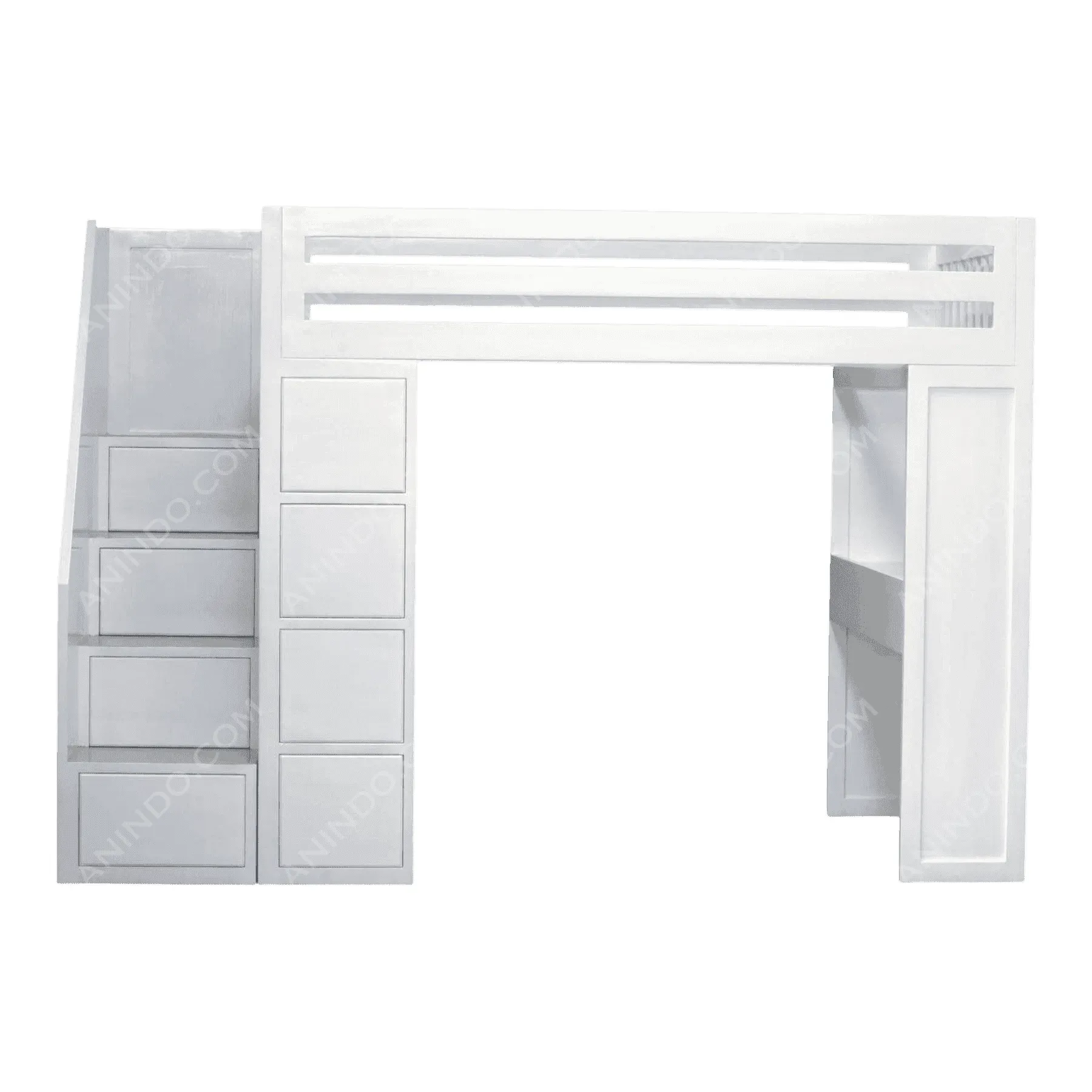 White loft bed with stairs and storage drawers