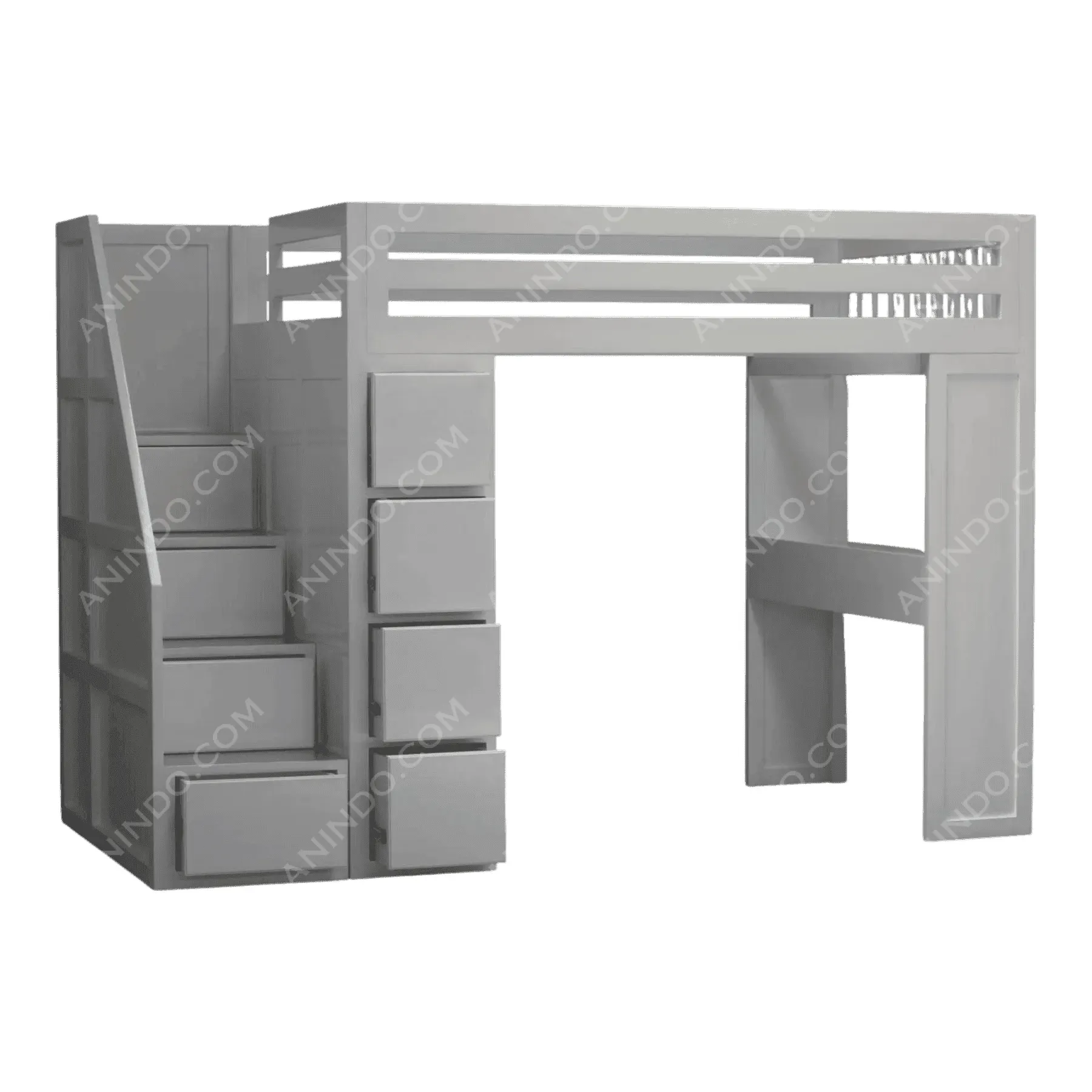 Gray loft bed with stairs and drawers