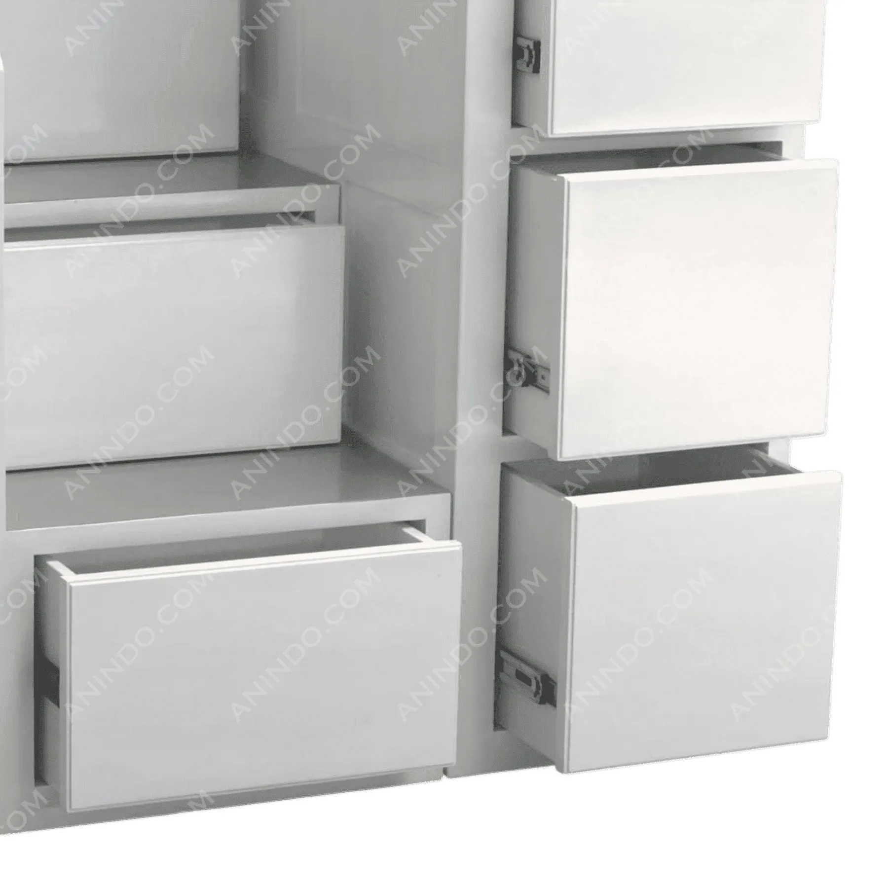 Modern white cabinet with open drawers