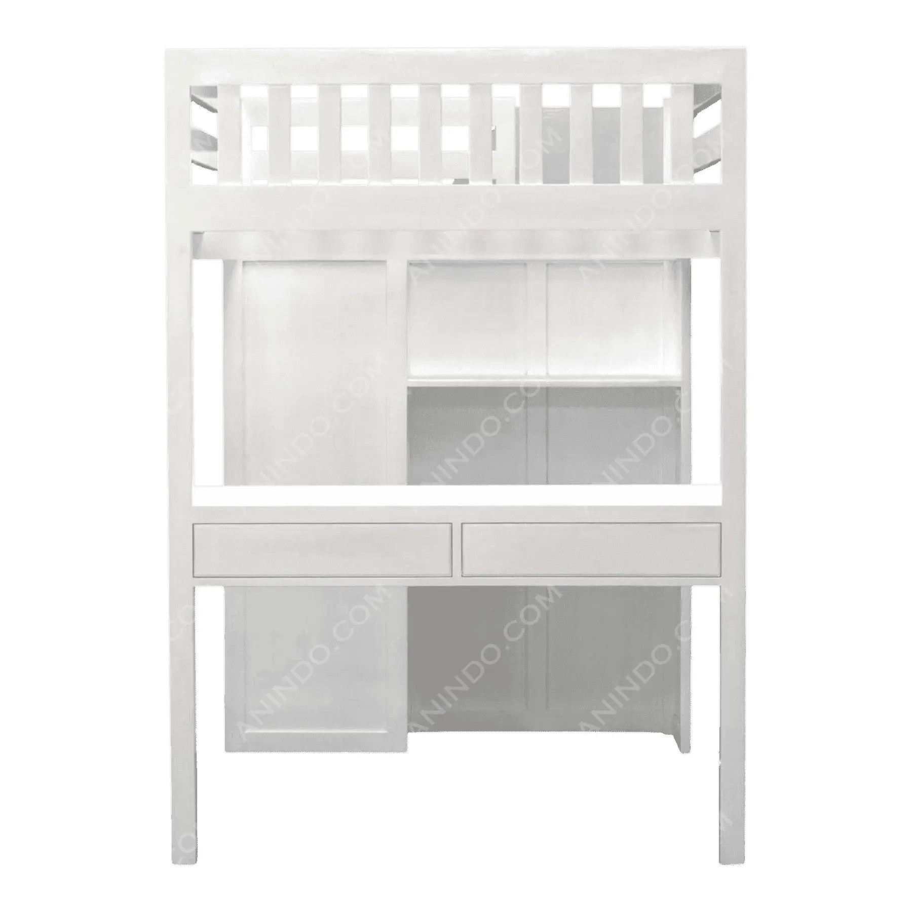 White loft bed with built-in desk and shelves