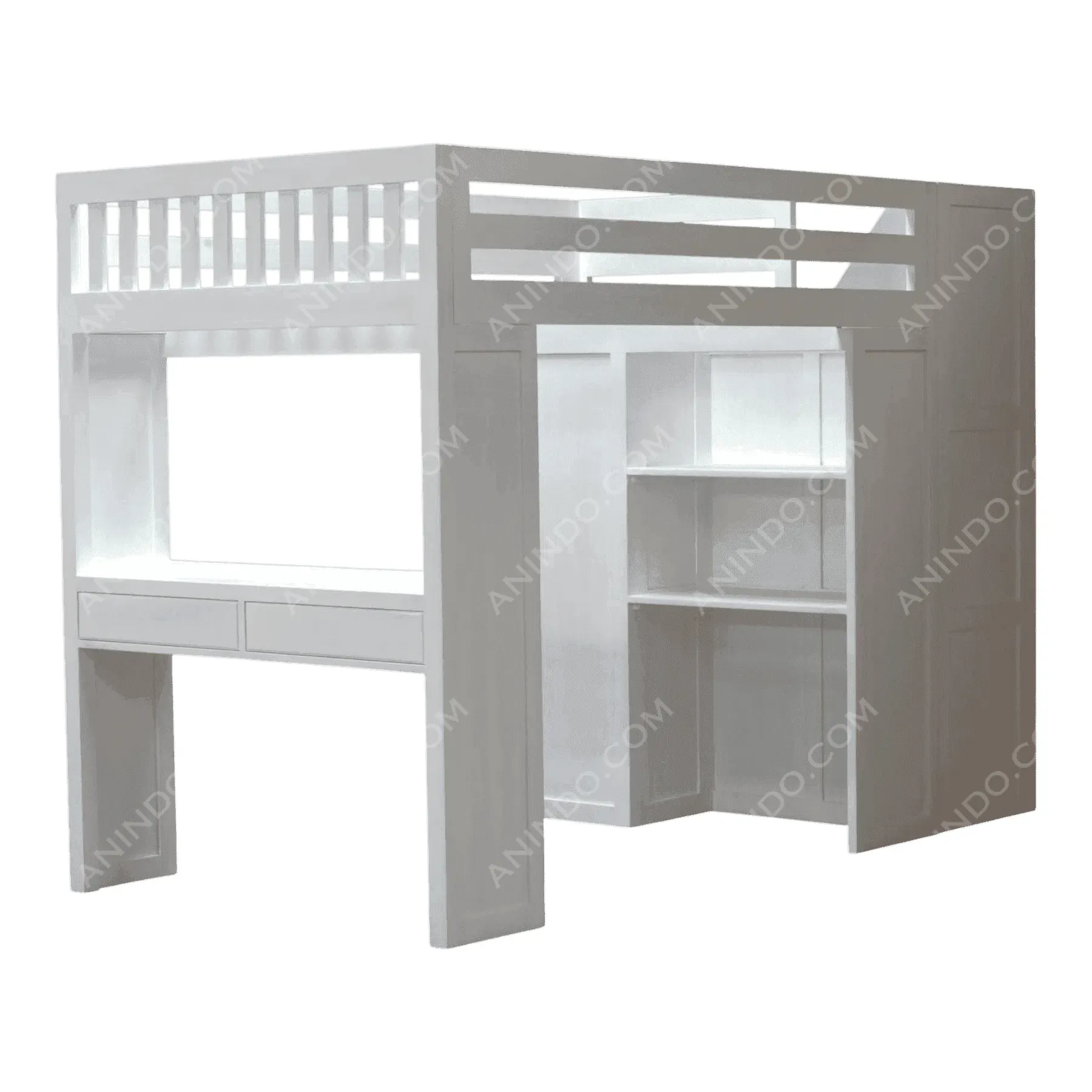 White wooden loft bed with desk and shelves