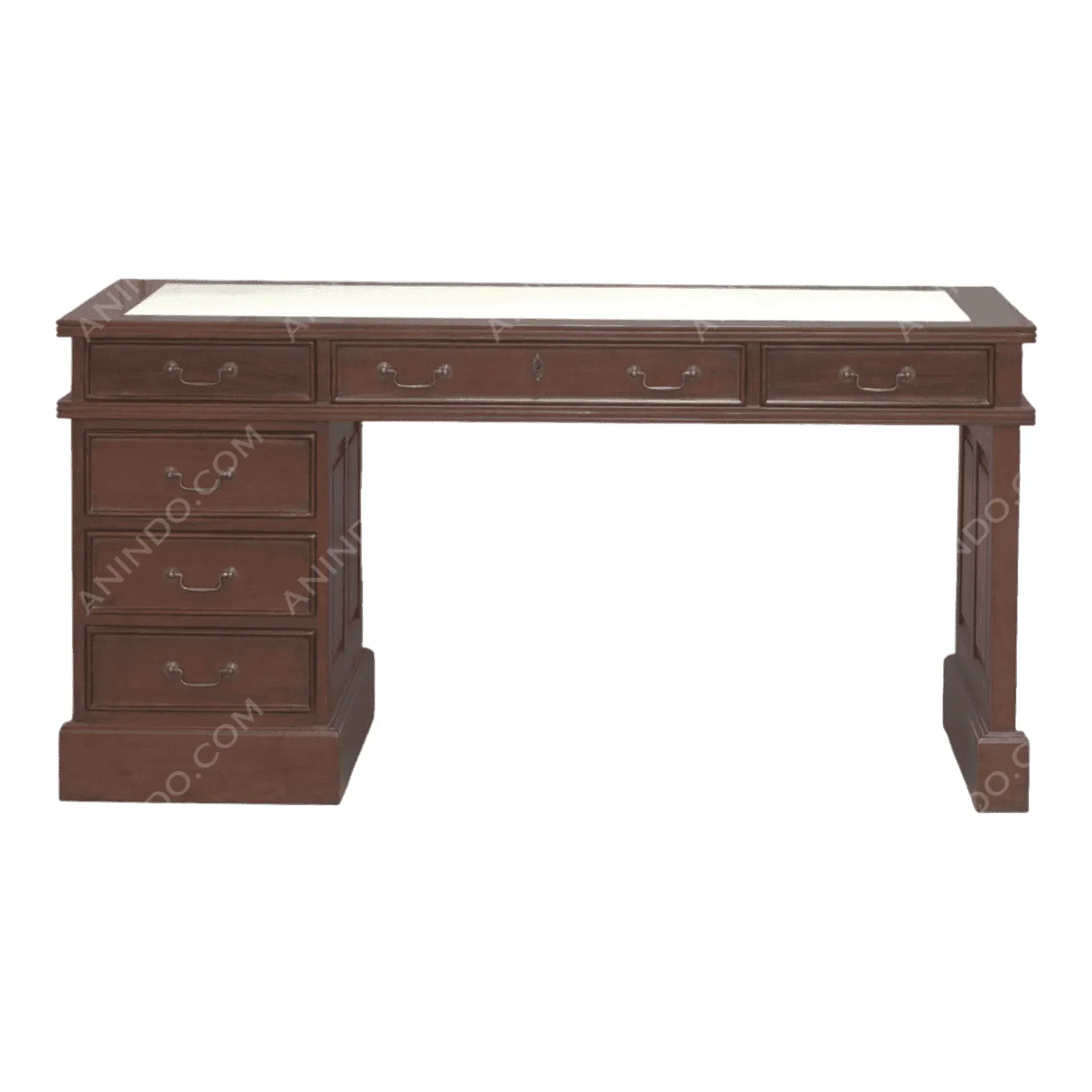 Brown wooden desk with multiple drawers