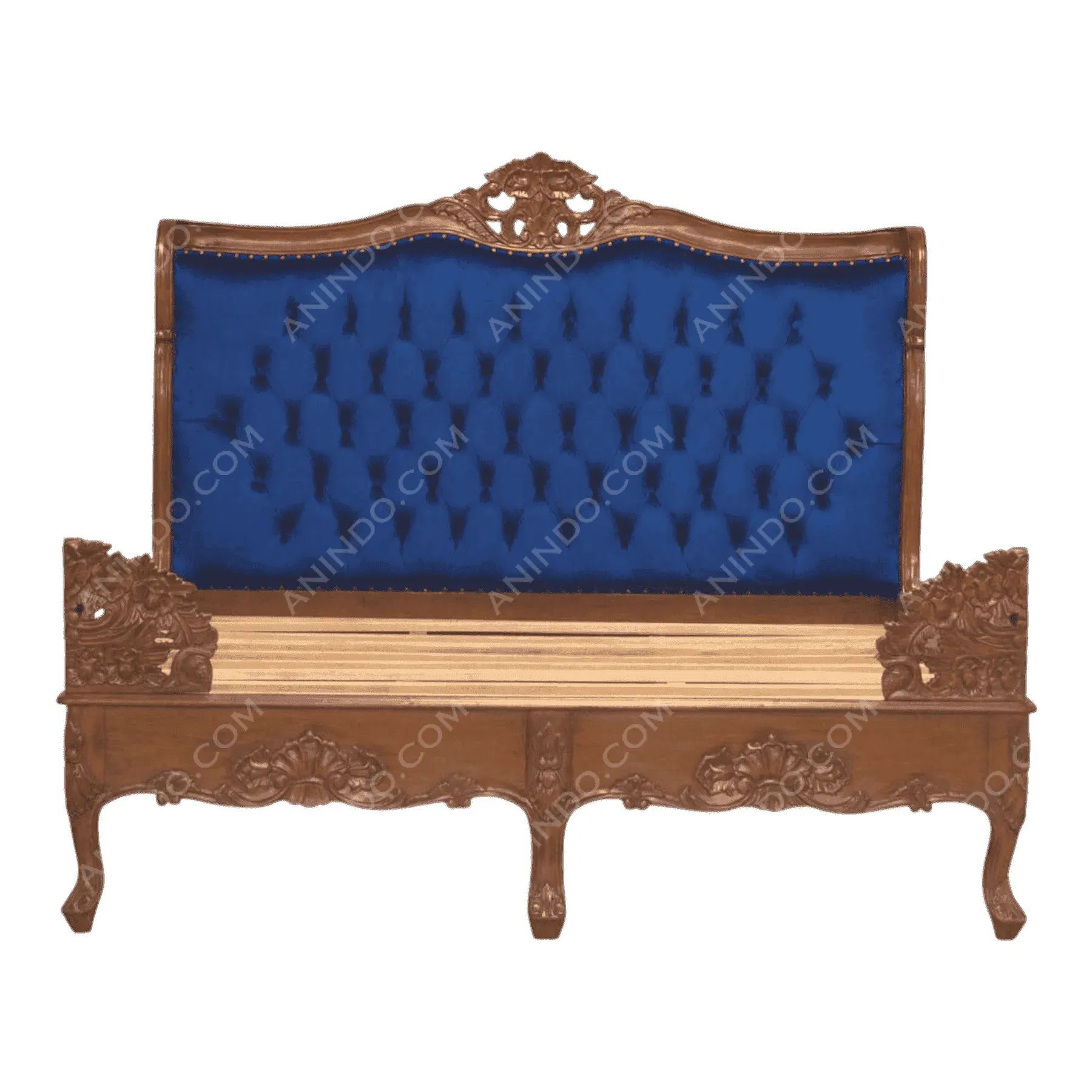 Vintage wooden bed with blue tufted headboard