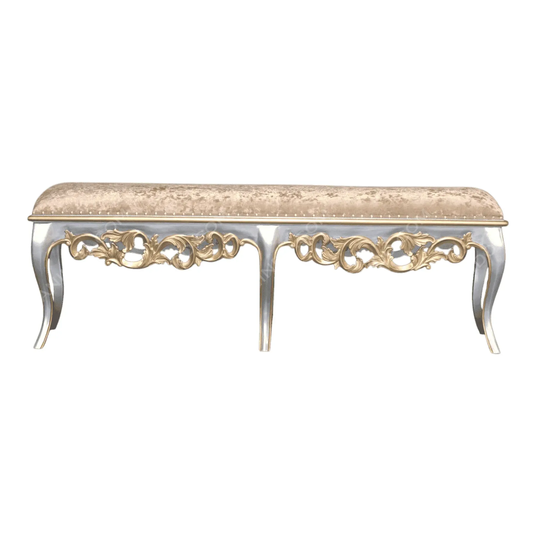 Elegant upholstered bench with ornate gold details