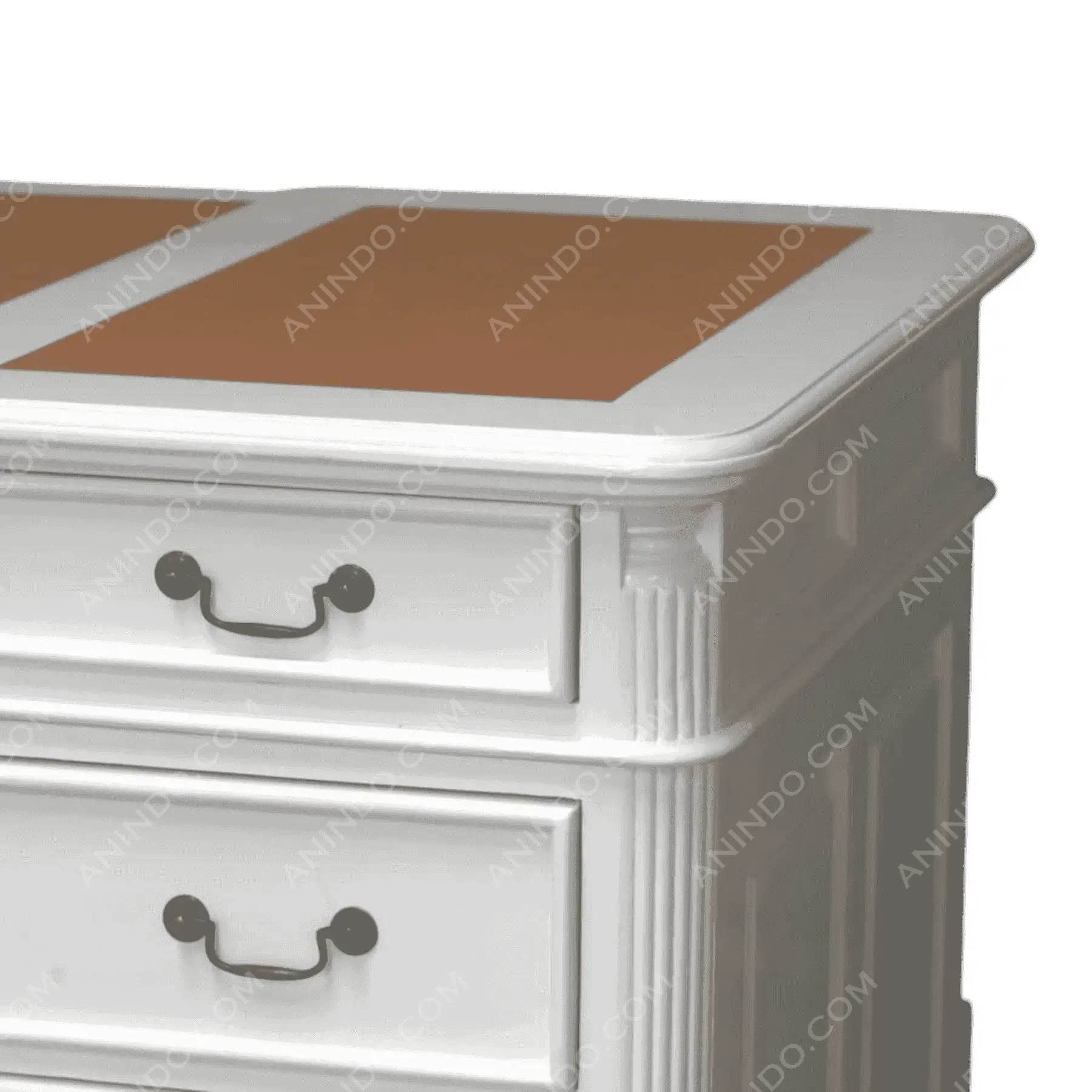 White dresser with brown tabletop and drawers